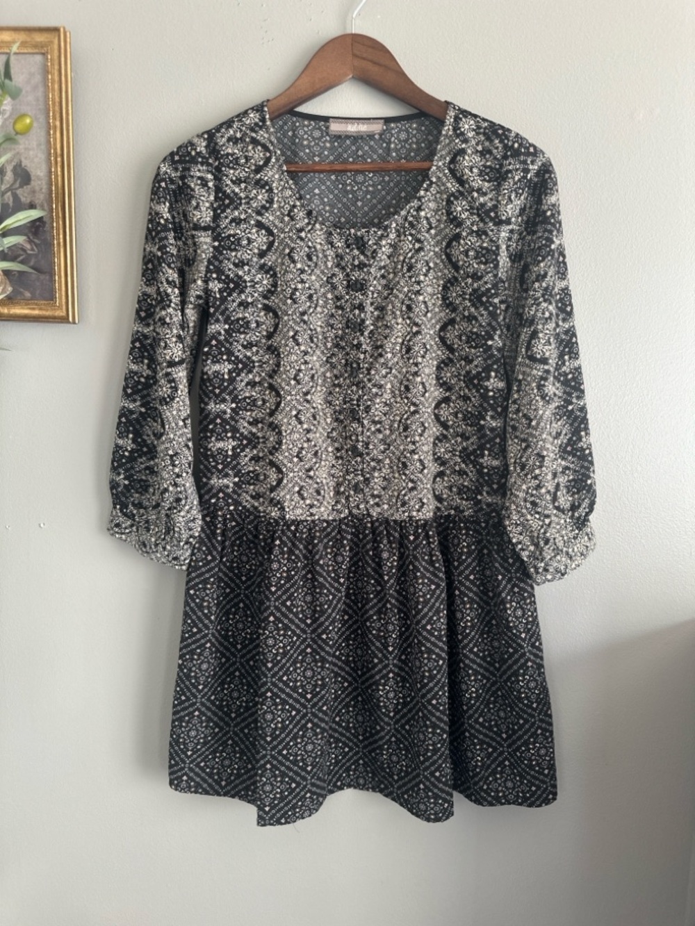Addie Boho Black Floral Tunic Blouse Peasant Top Small - Picture 2 of 6